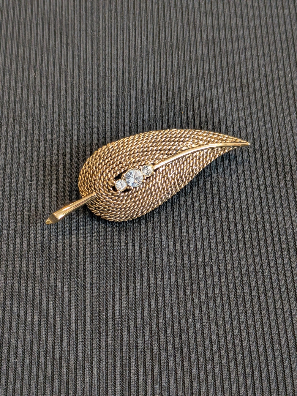 SignedLandau Germany Gold Tone Leaf Brooch with Clear Crystal Accents Vintage